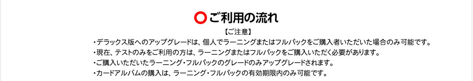 STEP1 新規ご購入者の方 商品購入時に「追加商品」として案内されますので、選択してください。すでにご利用者の方 学習のトップページにあるカードアルバムの「デラックス版へのアップグレードをクリックし、ご購入ください。