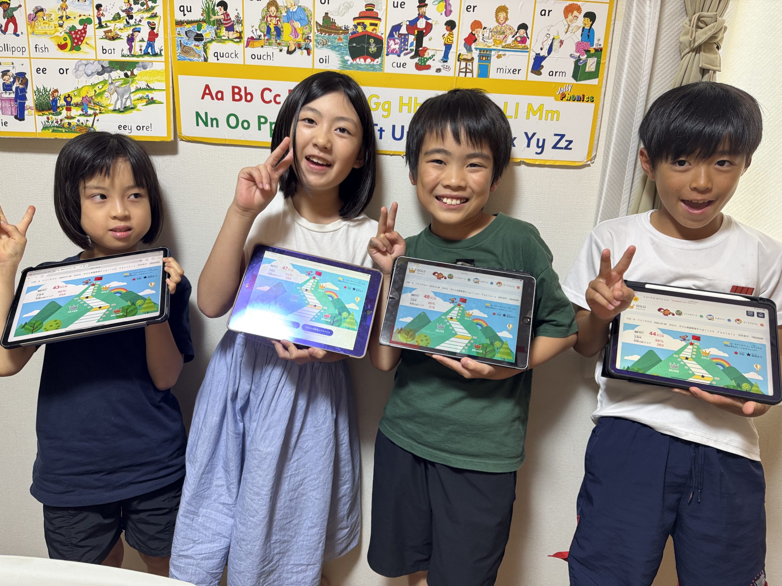 子ども英語教室 English Factoryで英検Jr.® オンライン版ラーニングにタブレットで取り組む生徒たち